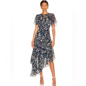 ASTR the Label Flutter Sleeve Midi Dress Blue Green Floral Size L